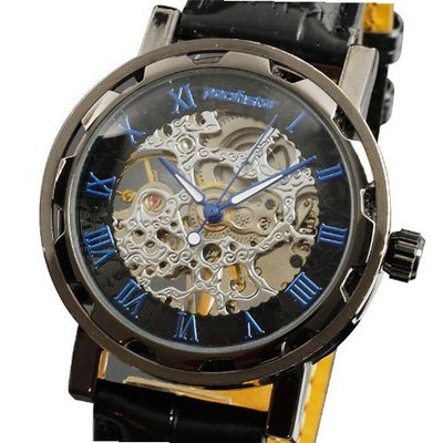 PACIFISTOR Mechanical Skeleton Wrist Hand Wind Up Black Leather Strap #PX-004-BLK-L