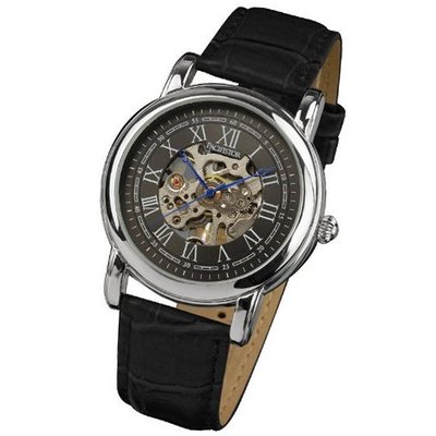 PACIFISTOR Vintage Hand Winding Mechanical Skeleton Black Leather Wrist #PX-008-S-BL