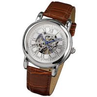 PX Brown Leather Strap Luxury Stainless Steel Semi Automatic Skeleton Mechanical Wrist Gift #PX-008-S-L
