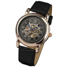 PX Mechanical Skeleton Hand Wind Up Rose Golden Black Leather Strap #PX-008-GD-BL