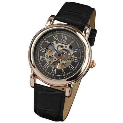PX Mechanical Skeleton Hand Wind Up Rose Golden Black Leather Strap #PX-008-GD-BL