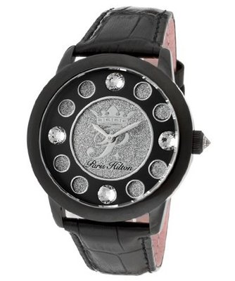 Fame White Crystal Silver Glitter/Black Dial Metallic Black Genuine Calf Leather