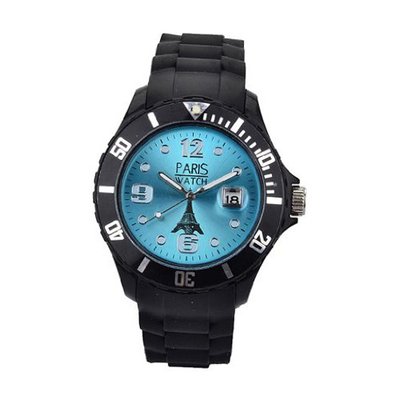 Paris Kids Silicone Quartz Calendar Date Black and Light Blue Dial Designed in France Fashion