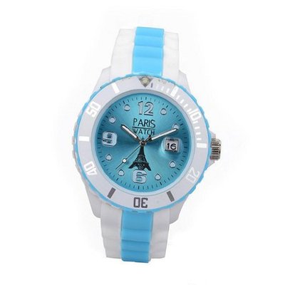Paris Kids Silicone Quartz Calendar Date White and Multicolor Light Blue Dial Designed in France Fashion