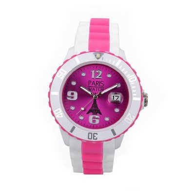 Paris Kids Silicone Quartz Calendar Date White and Multicolor Pink Dial Designed in France Fashion