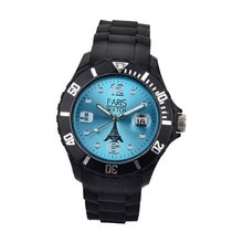 Paris  Silicone Quartz Calendar Date Black and Light Blue Dial Designed in France Fashion