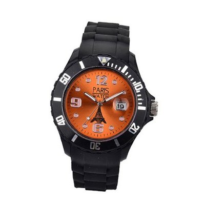 Paris  Silicone Quartz Calendar Date Black and Orange Dial Designed in France Fashion