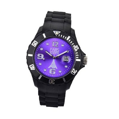 Paris  Silicone Quartz Calendar Date Black and Purple Dial Designed in France Fashion