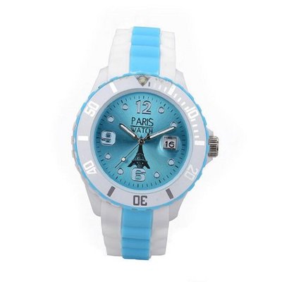 Paris  Silicone Quartz Calendar Date White and Multicolor Light Blue Dial Designed in France Fashion