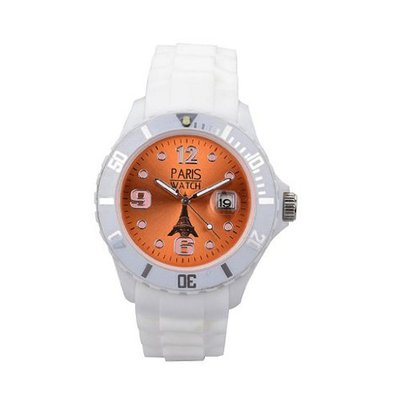 Paris  Silicone Quartz Calendar Date White and Orange Dial Designed in France Fashion