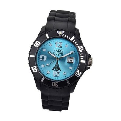 Paris Unisex Silicone Quartz Calendar Date Black and Light Blue Dial Designed in France Fashion