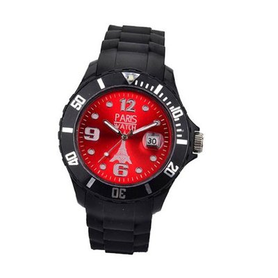 Paris Unisex Silicone Quartz Calendar Date Black and Red Dial Designed in France Fashion