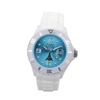 Paris Unisex Silicone Quartz Calendar Date White and Light Blue Dial Designed in France Fashion