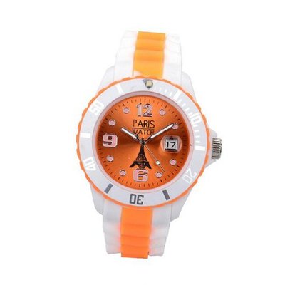 Paris Unisex Silicone Quartz Calendar Date White and Multicolor Orange Dial Designed in France Fashion
