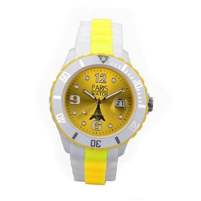 Paris Unisex Silicone Quartz Calendar Date White and Multicolor Yellow Dial Designed in France Fashion