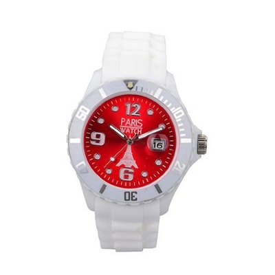Paris Unisex Silicone Quartz Calendar Date White and Red Dial Designed in France Fashion