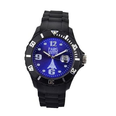 Paris Woman Silicone Quartz Calendar Date Black and Dark Blue Dial Designed in France Fashion