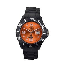 Paris Woman Silicone Quartz Calendar Date Black and Orange Dial Designed in France Fashion