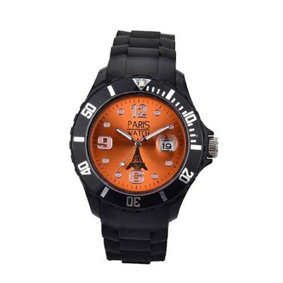 Paris Woman Silicone Quartz Calendar Date Black and Orange Dial Designed in France Fashion