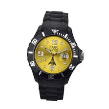Paris Woman Silicone Quartz Calendar Date Black and Yellow Dial Designed in France Fashion
