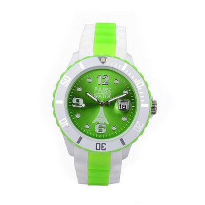 Paris Woman Silicone Quartz Calendar Date White and Multicolor Green Dial Designed in France Fashion