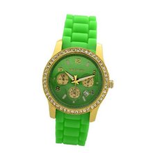 Paris Yellow Gold Plating over Sterling Silver 1Ct Diamond manmade Green Silicone Calendar Quartz Date Designed in France