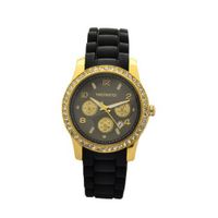Paris Yellow Gold Plating over Sterling Silver 1Ct Diamond manmade Woman in Black Silicone Calendar Quartz Date Designed in France