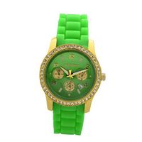 Paris Yellow Gold Plating over Sterling Silver 1Ct Diamond manmade Woman in Green Silicone Calendar Quartz Date Designed in France