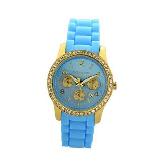 Paris Yellow Gold Plating over Sterling Silver 1Ct Diamond manmade Woman in Light Blue Silicone Calendar Quartz Date Designed in France