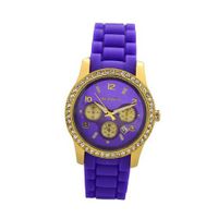 Paris Yellow Gold Plating over Sterling Silver 1Ct Diamond manmade Woman in Purple Silicone Calendar Quartz Date Designed in France