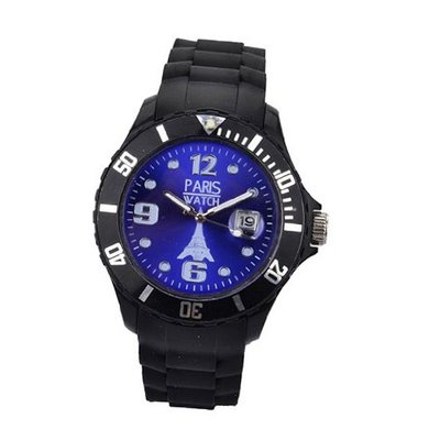uParis Watch Paris  Silicone Quartz Calendar Date Black and Dark Blue Dial Designed in France Fashion 