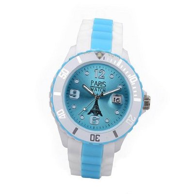 uParis Watch Paris Unisex Silicone Quartz Calendar Date White and Multicolor Light Blue Dial Designed in France Fashion 