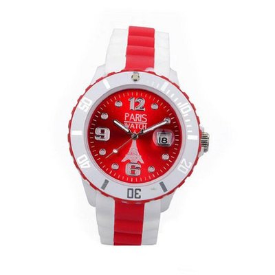 uParis Watch Paris Woman Silicone Quartz Calendar Date White and Multicolor Red Dial Designed in France Fashion 