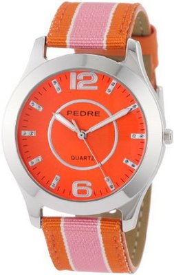 Pedre 0090SOX Pink/ Orange Striped Grosgrain Strap Silver-Tone