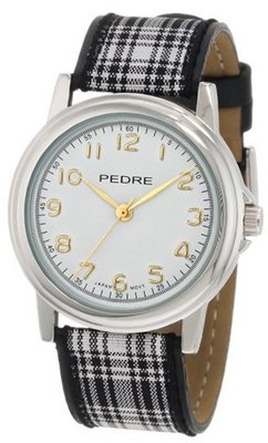 Pedre 0231SX Silver-Tone/ Black-White Plaid Grosgrain Strap
