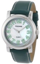 Pedre 6668SX Hunter Green/ White Stitch Leather Strap Silver-Tone