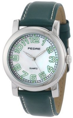 Pedre 6668SX Hunter Green/ White Stitch Leather Strap Silver-Tone