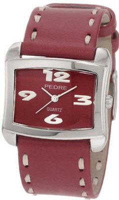 Pedre 7618SX Silver-Tone/ Red Leather Strap