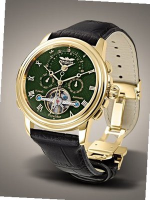 Perigaum P0502GGR Excalibur Dual Time Zone, Green Dial Goldtone