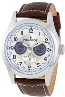 Peugeot 2028 Silver-Tone Multi-Function Brown Leather Strap