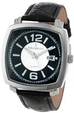 Peugeot 2032S Silver-Tone Black Leather Strap
