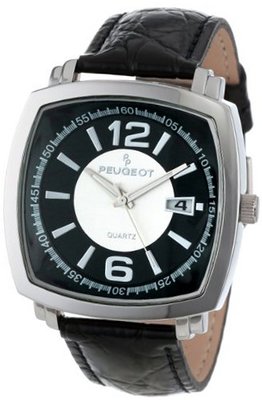 Peugeot 2032S Silver-Tone Black Leather Strap