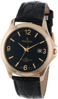 Peugeot 2035 Round Gold-Tone Black Leather Strap and Black Dial