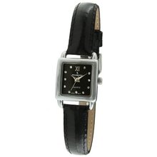Peugeot 3034BK Mini Square Silvertone Crystal Black Dial Leather