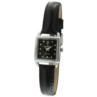 Peugeot 3034BK Mini Square Silvertone Crystal Black Dial Leather