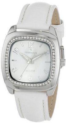 Peugeot 304WT Silver-Tone Swarovski Crystal Accented White Leather Strap