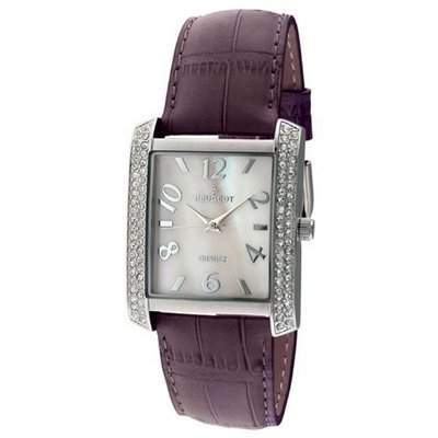 Peugeot 325PR Square Silver-Tone Crystal Bezel Leather Strap