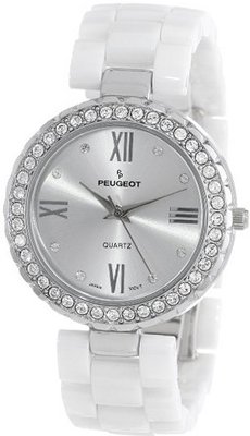 Peugeot 7078SWT White Ceramic Swarovski Crystal Silver Bezel