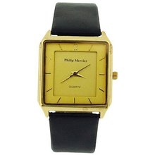 Philip Mercier Gents Gold Tone Casing Black Square Dial & Black PU Strap