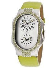 Dual Time Light Silver Dial Light Green Genuine Textured Leather